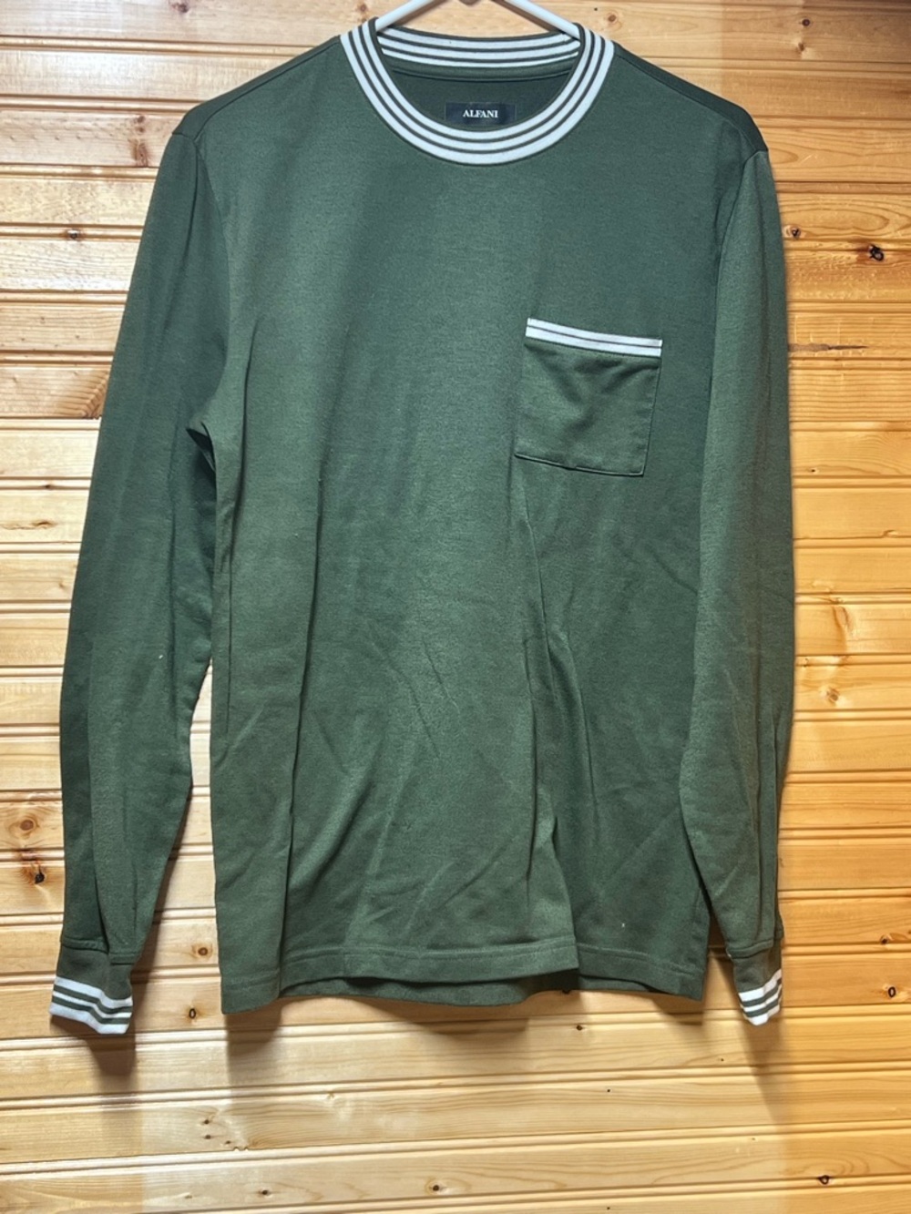Alfani Olive Green Long-Sleeve Crewneck with Striped Trim